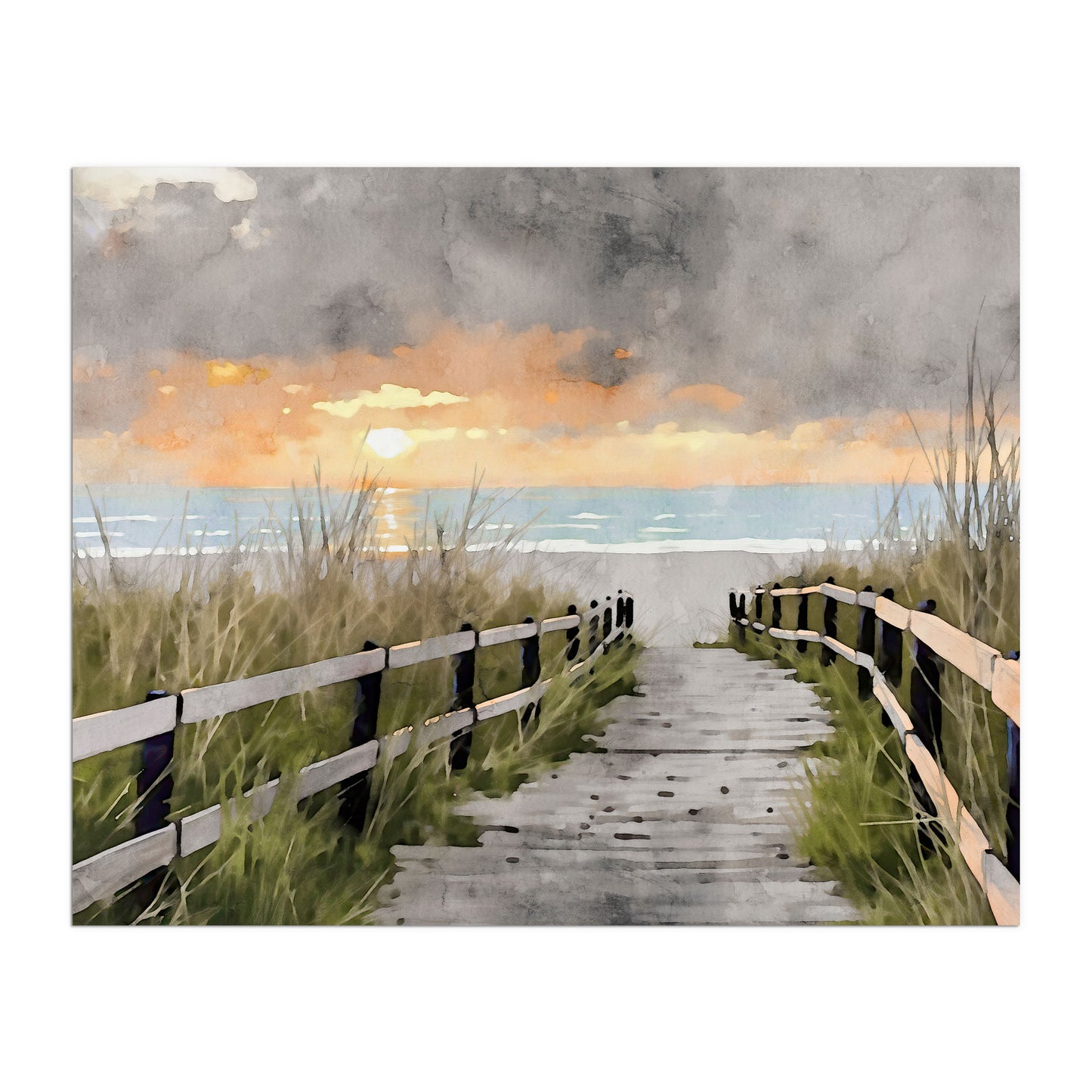 Watercolor-style artwork of a serene boardwalk flanked by grassy dunes, leading toward the ocean at sunset, with a dramatic sky and warm orange tones.