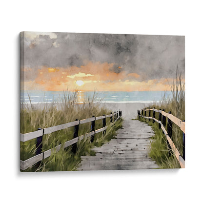 Canvas print featuring a watercolor-style depiction of a wooden boardwalk surrounded by grassy dunes, leading to the ocean at sunset under a dramatic cloudy sky.