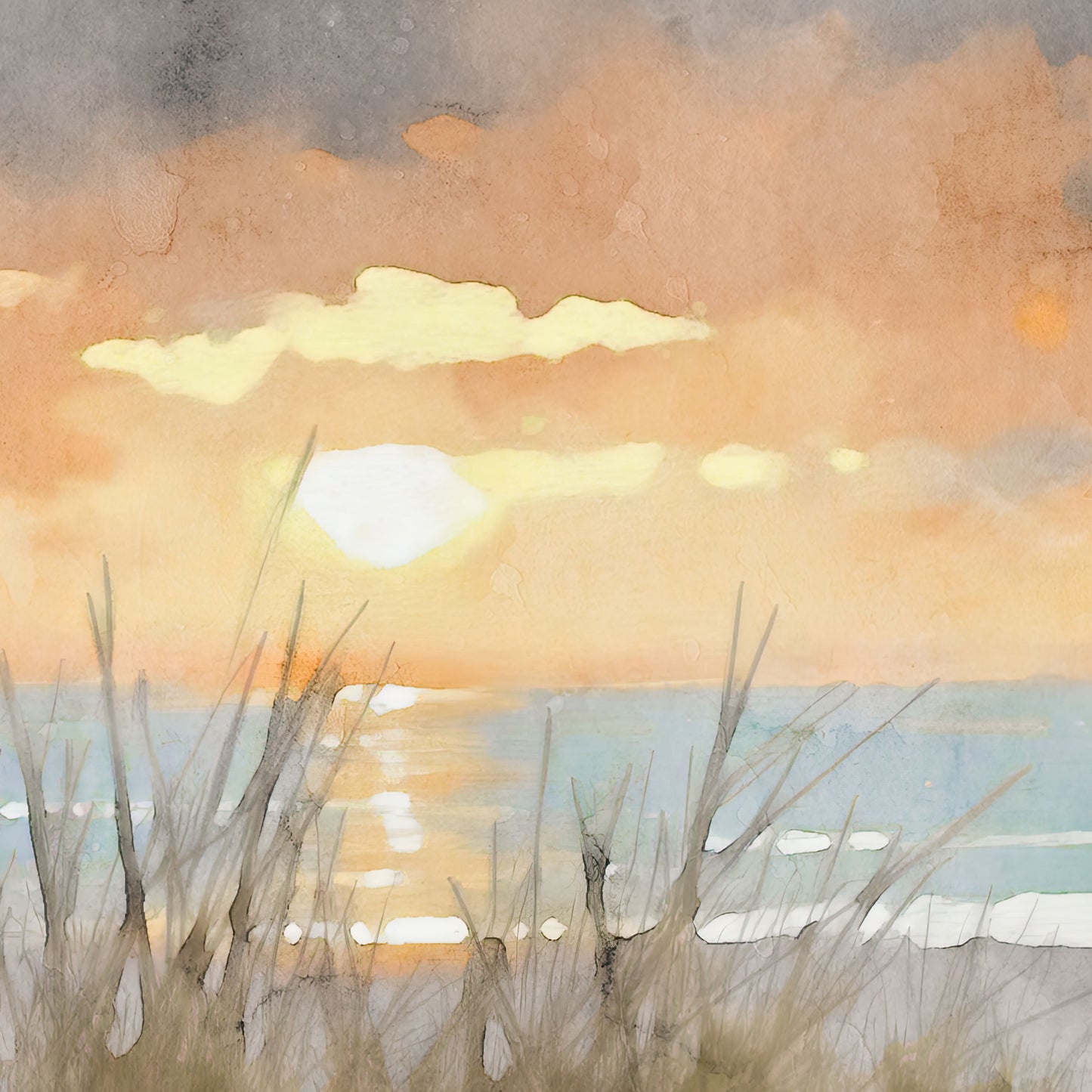 Watercolor painting of a sunset over a beach, viewed through tall grasses. The sun reflects on the calm ocean, casting a golden glow across the sky with soft clouds and deepening blue tones on the horizon. The scene evokes a peaceful, coastal atmosphere.