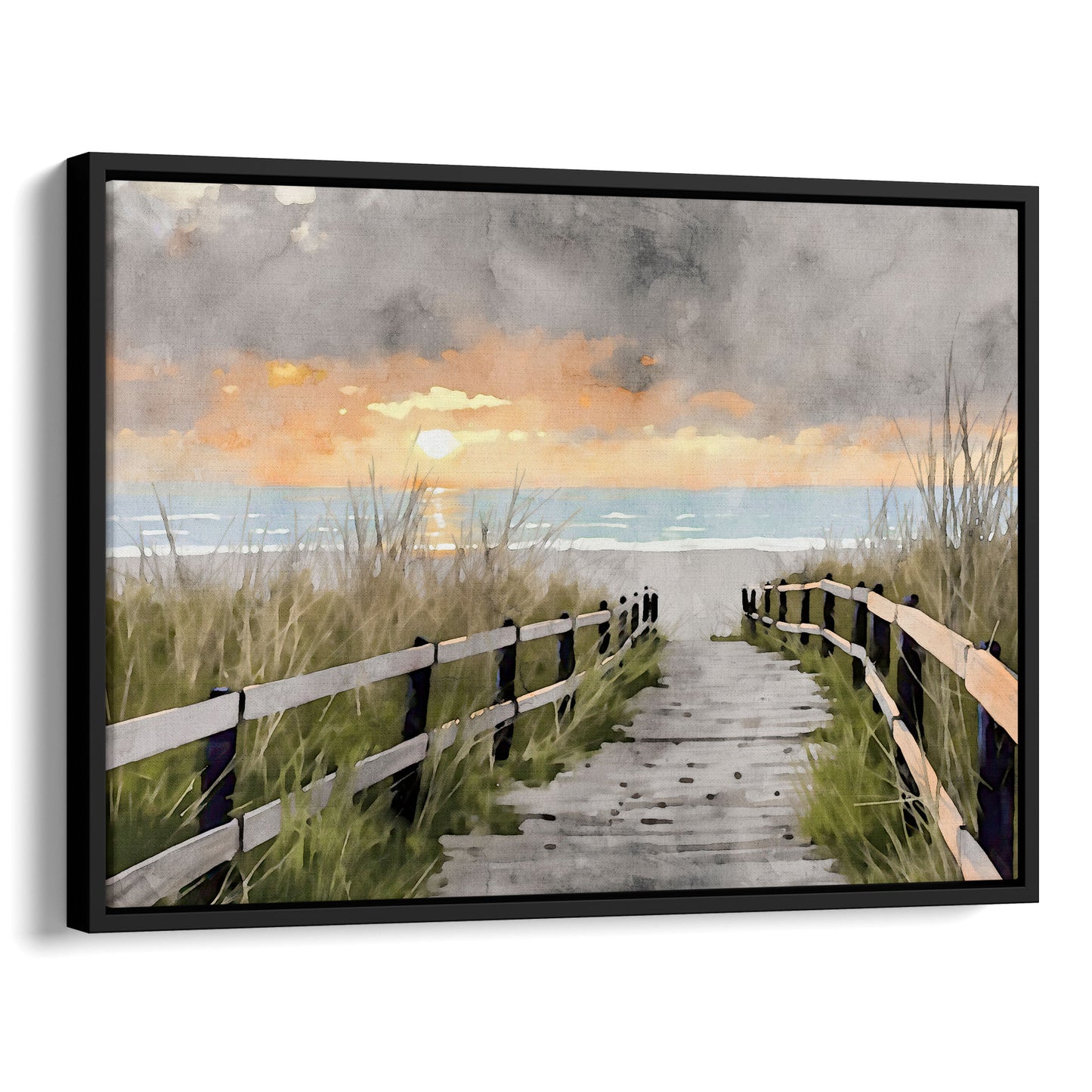 Black framed canvas showcasing a watercolor-style depiction of a wooden boardwalk surrounded by grassy dunes, leading to the ocean at sunset under a dramatic cloudy sky.