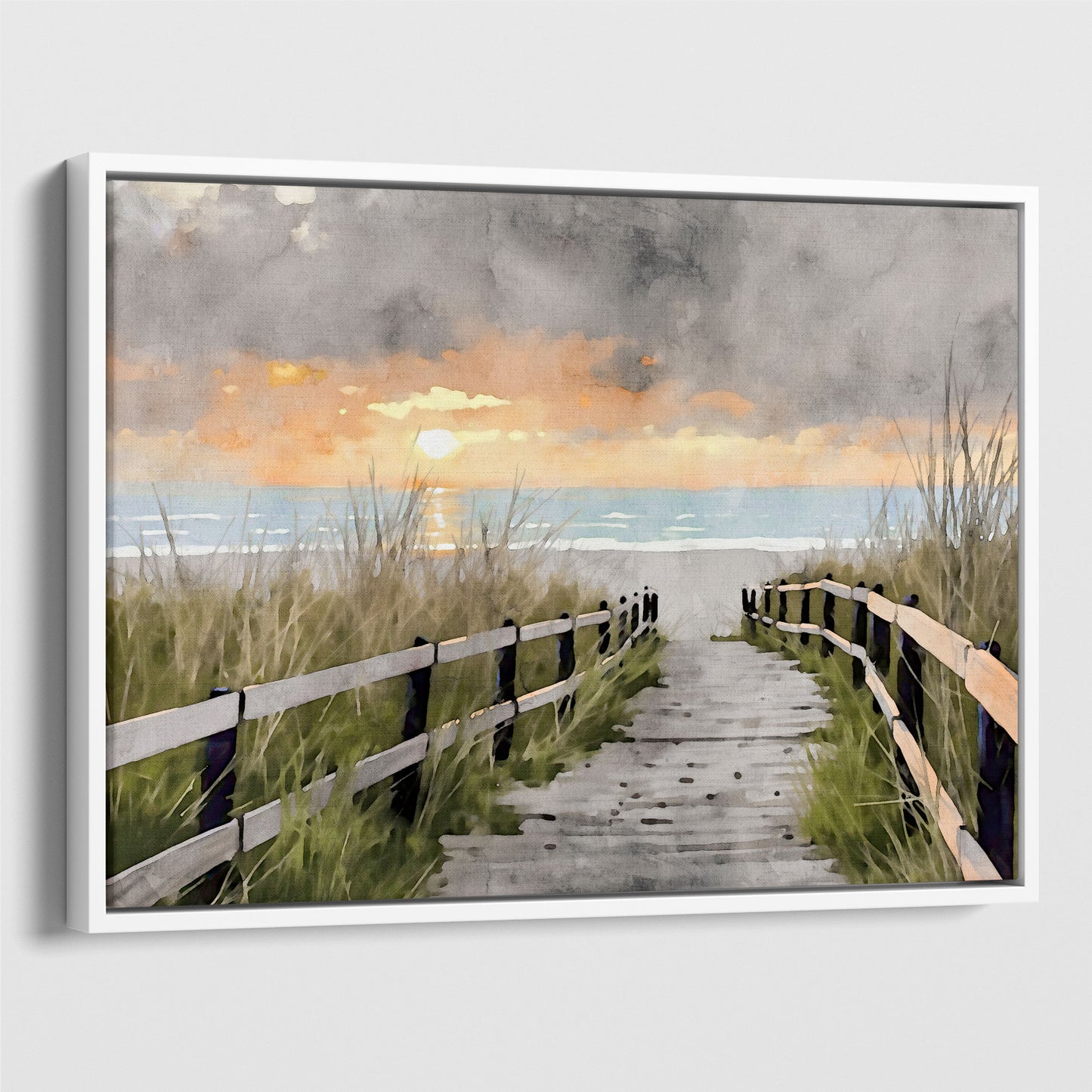 White framed canvas showcasing a watercolor-style depiction of a wooden boardwalk surrounded by grassy dunes, leading to the ocean at sunset under a dramatic cloudy sky.