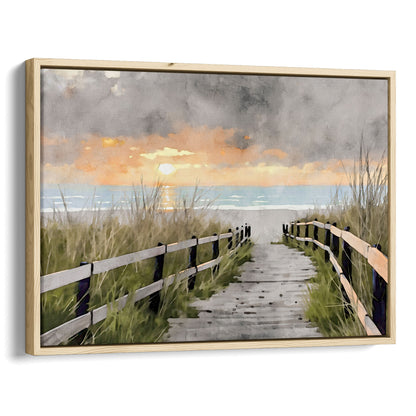 Natural wood framed canvas showcasing a watercolor-style depiction of a wooden boardwalk surrounded by grassy dunes, leading to the ocean at sunset under a dramatic cloudy sky.