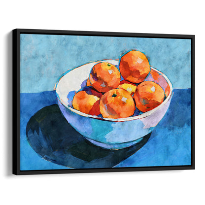 Bowl of oranges still life canvas in a black float frame with bright orange fruit and expressive blue brushwork.