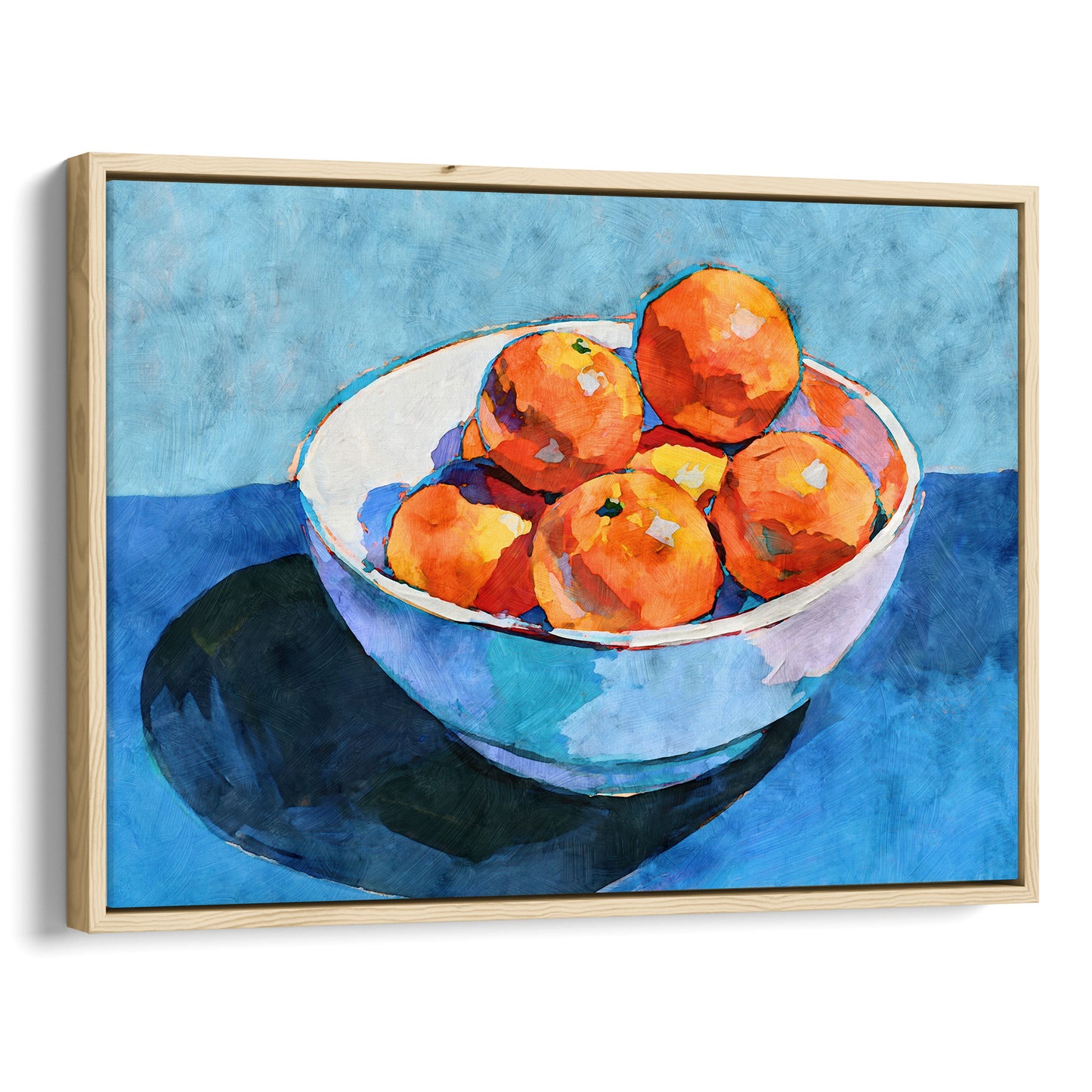 Bowl of oranges still life canvas in a natural wood float frame with orange fruit, white bowl, and deep blue tones.
