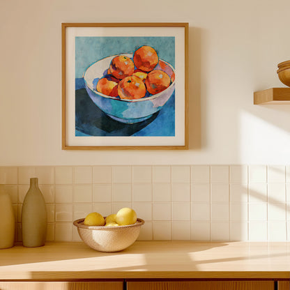 Framed artwork of a bowl of apples on a kitchen wall with a bowl of lemons below.