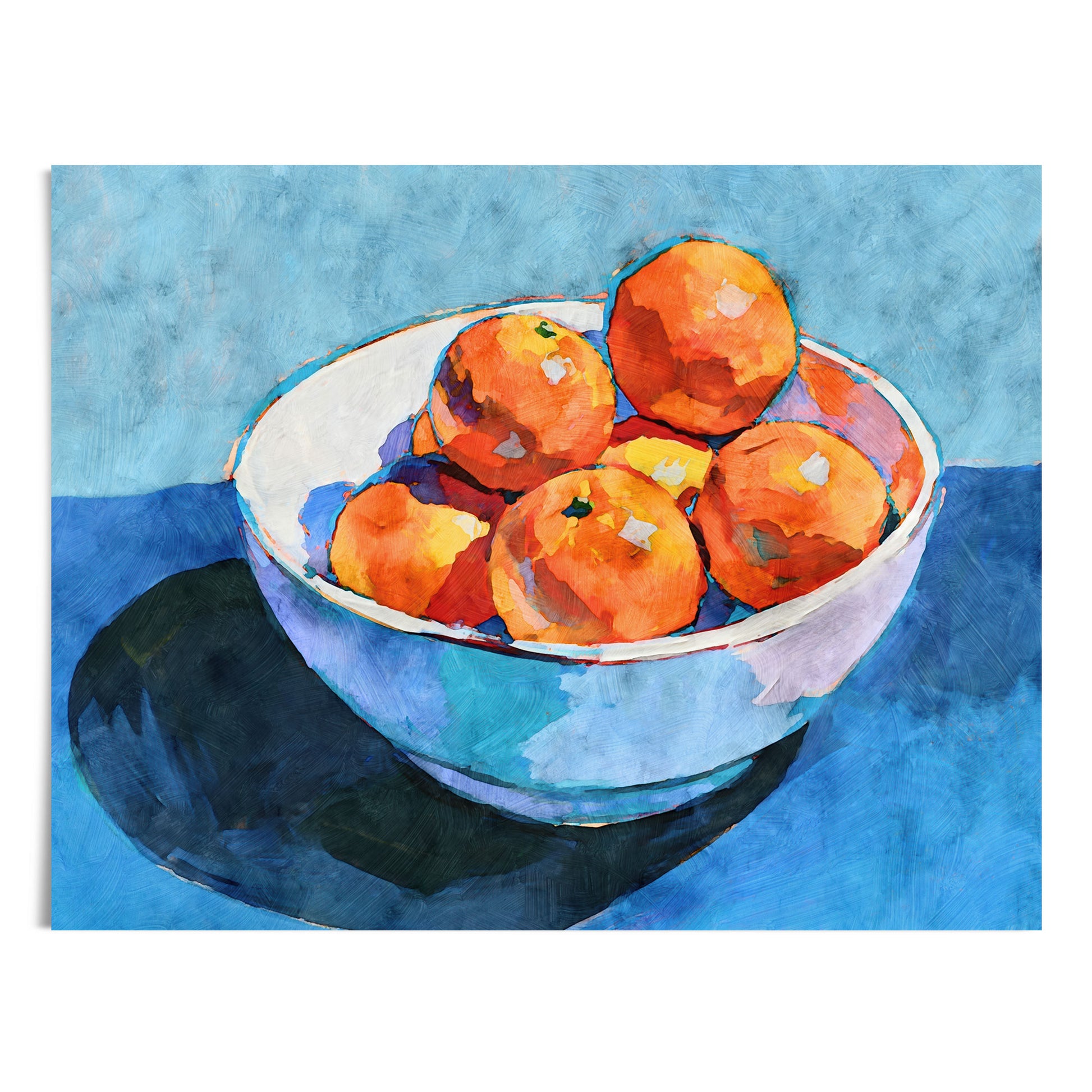 Bowl of oranges still life artwork with bright orange fruit in a white bowl on a rich blue tabletop background.