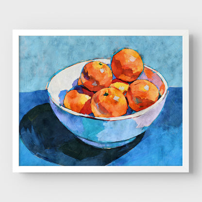 Bowl of oranges still life art print in a white frame with vivid citrus fruit and a fresh blue background.