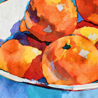 Close up detail of a painterly bowl of oranges still life with vivid orange fruit, blue shadows, and expressive brushwork.