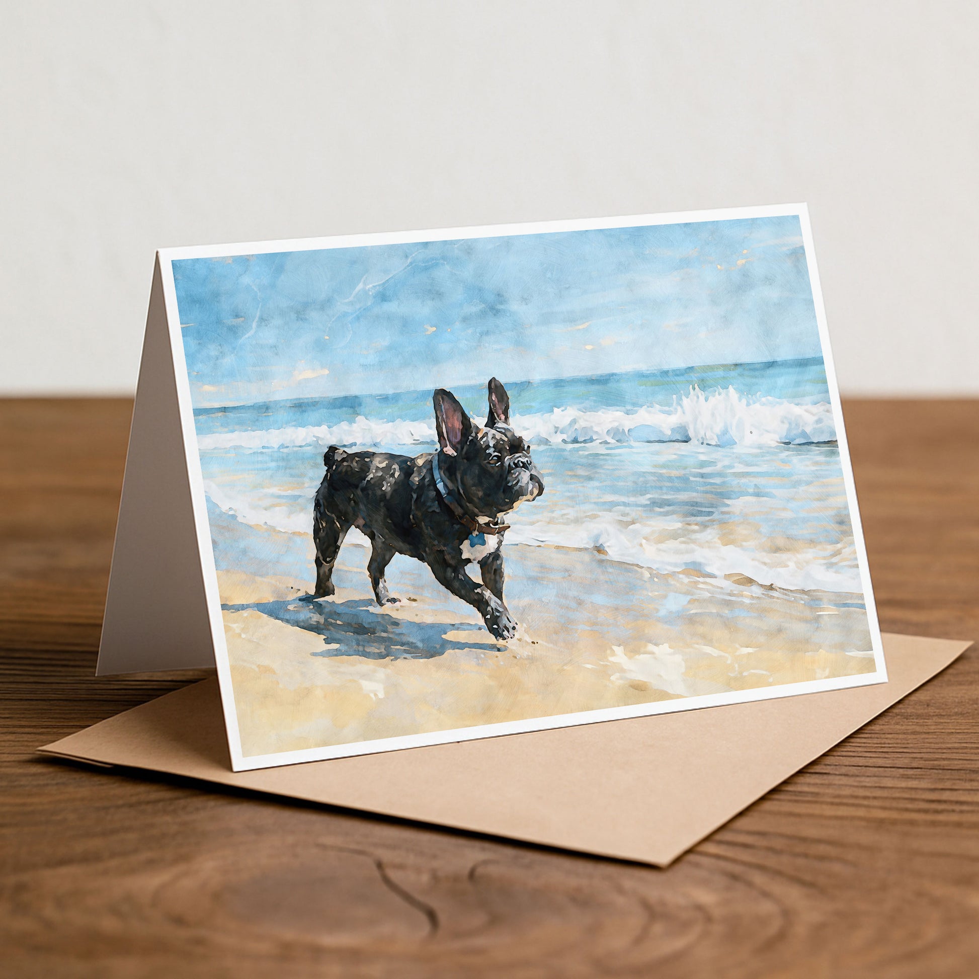 Styled tabletop scene with a French Bulldog beach note card showing blue ocean waves and tan sand.