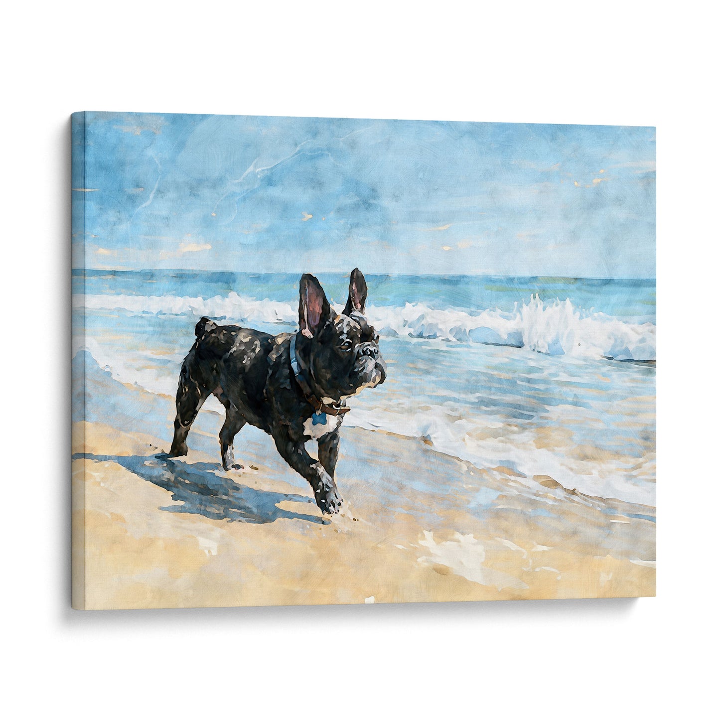 Gallery wrap canvas featuring a brindle French Bulldog on a sandy beach with blue ocean waves and white surf.