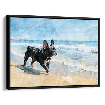 Black float framed canvas of a brindle French Bulldog beach watercolor with aqua waves and tan sand.