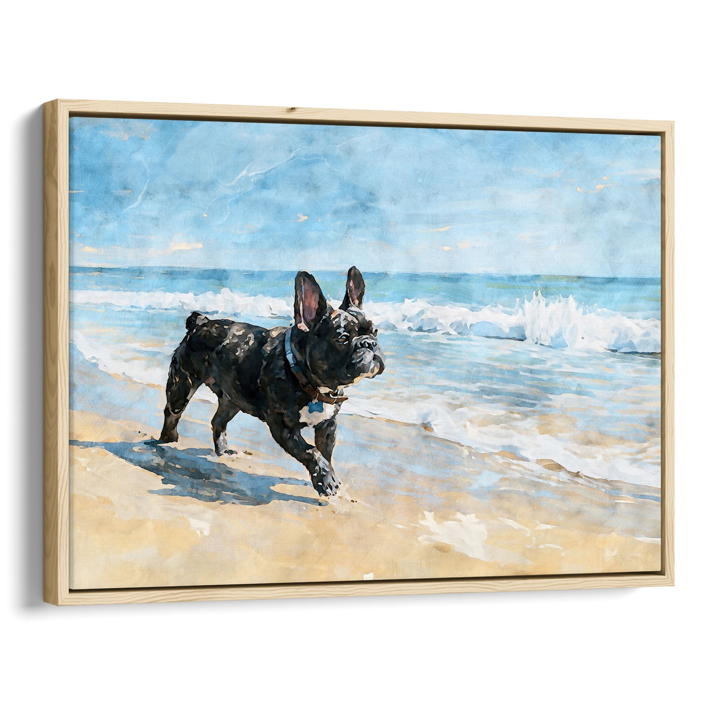 Natural wood float framed canvas of a coastal French Bulldog watercolor with blue surf and sandy beach colors.