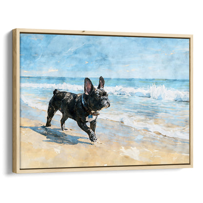 Natural wood float framed canvas of a coastal French Bulldog watercolor with blue surf and sandy beach colors.