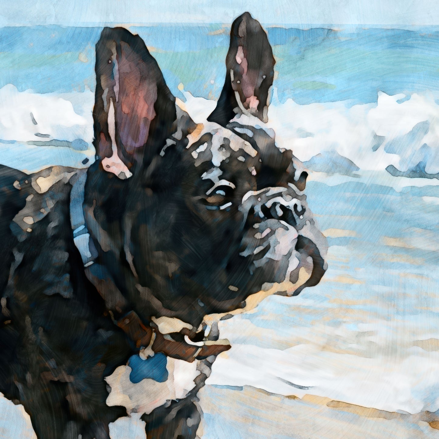 Close-up detail of a brindle French Bulldog watercolor portrait with dark fur, upright ears, and soft beach colors.