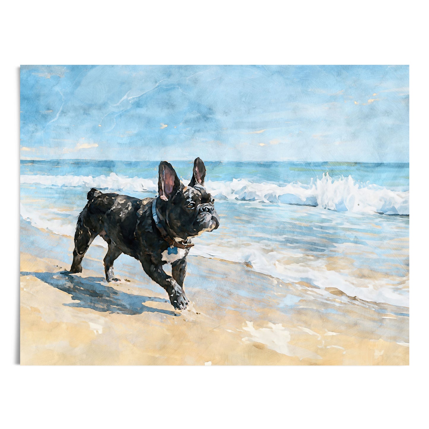 Digital watercolor artwork of a brindle French Bulldog standing on a sandy beach with blue ocean waves and white surf.