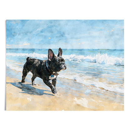 Digital watercolor artwork of a brindle French Bulldog standing on a sandy beach with blue ocean waves and white surf.
