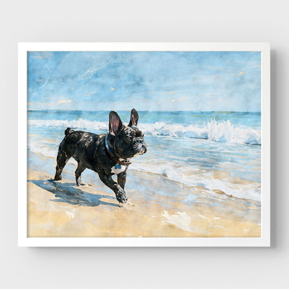 Brindle French Bulldog coastal watercolor print with soft blue ocean and sandy beach tones in a white frame.