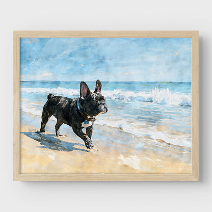 Digital watercolor art print of a brindle French Bulldog on a sandy beach with blue ocean waves in a natural wood frame.