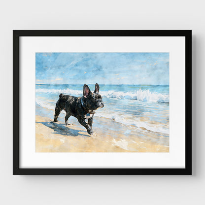 Matted brindle French Bulldog beach art print in a black frame, featuring blue ocean waves and tan sand.