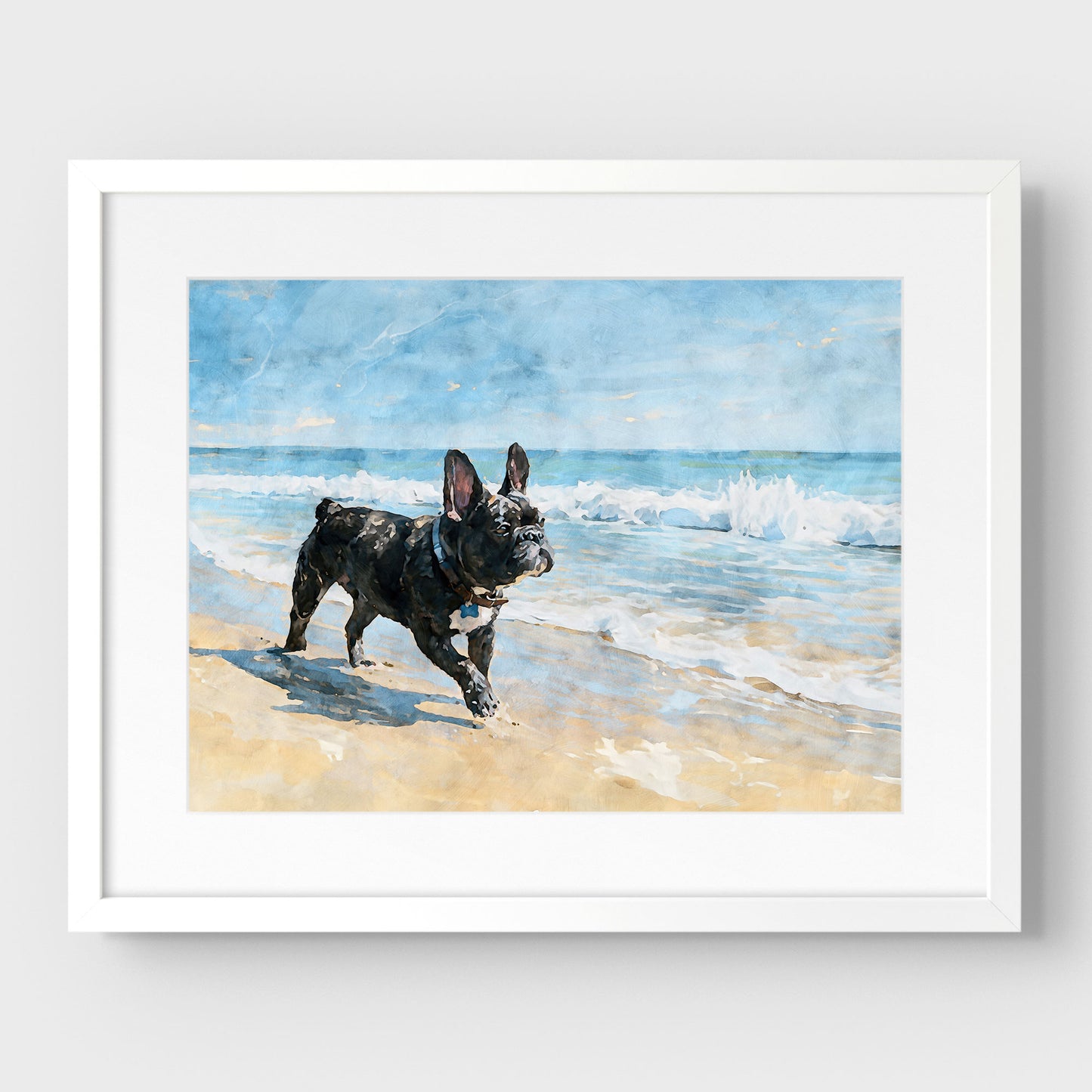 Matted French Bulldog beach watercolor print in a white frame with soft aqua, cream, and tan coastal colors.