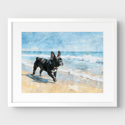 Matted French Bulldog beach watercolor print in a white frame with soft aqua, cream, and tan coastal colors.