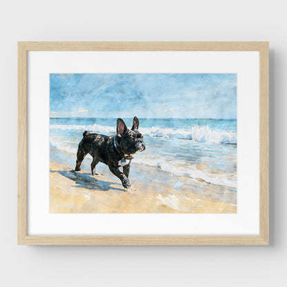 Matted brindle French Bulldog beach watercolor print in a natural wood frame with blue waves and sandy tones.