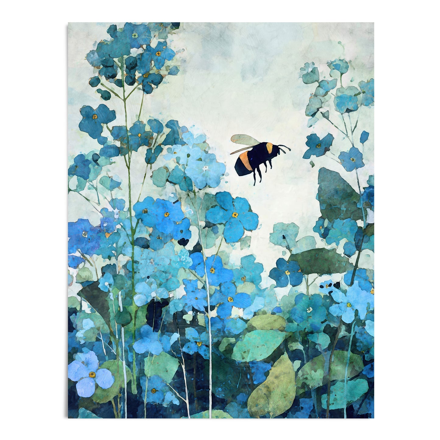 Artistic depiction of blue flowers and a bee on a textured background