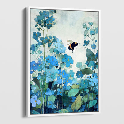 White canvas float framed artwork of blue flowers and a bee on a white background