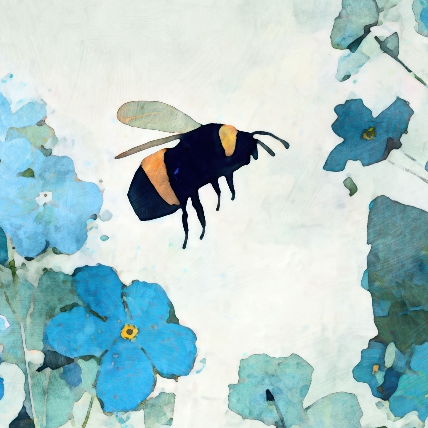 Illustration of a bee on blue flowers with a watercolor background