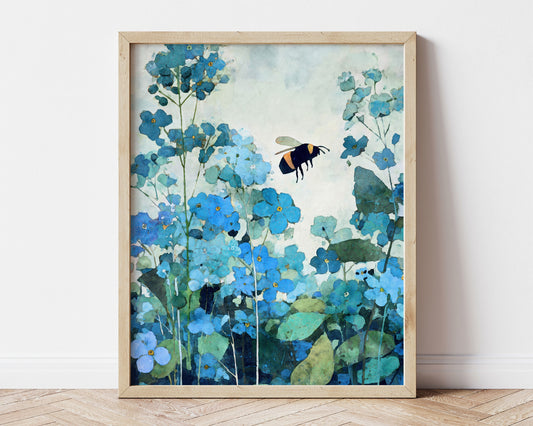 Framed artwork of blue flowers and a bee on a light background