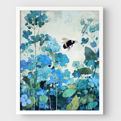 Art print of blue flowers and a bee on a light gray background