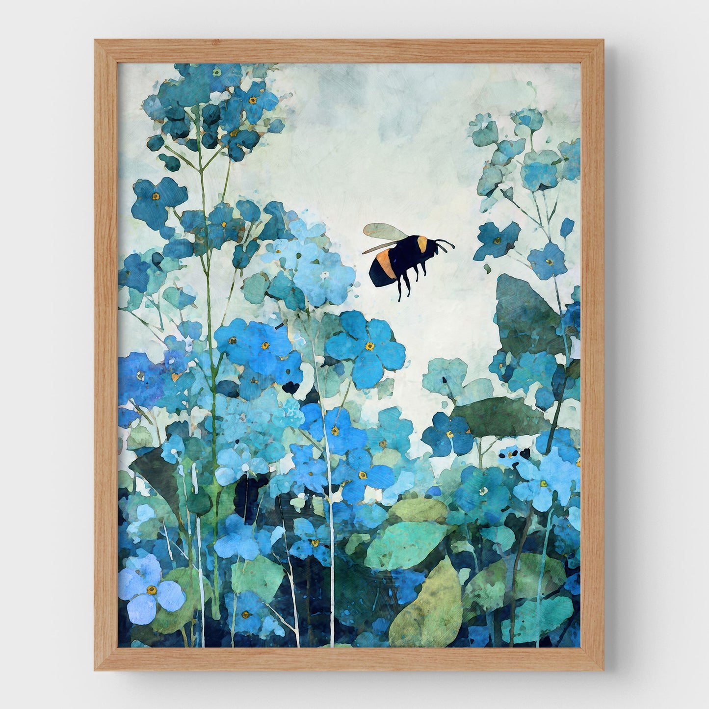Framed artwork of blue flowers and a bee on a light background