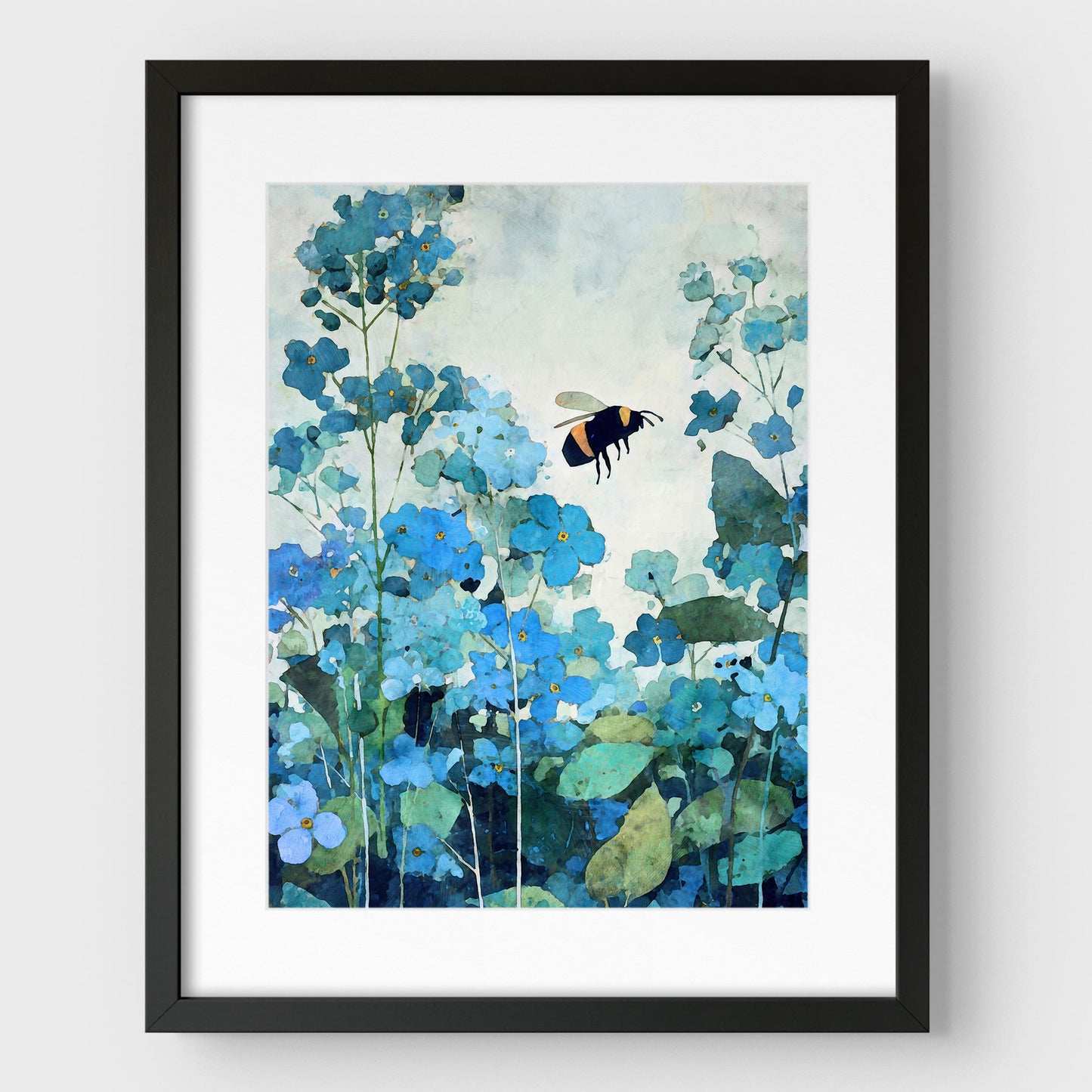 Framed artwork of a bee and blue flowers on a light background