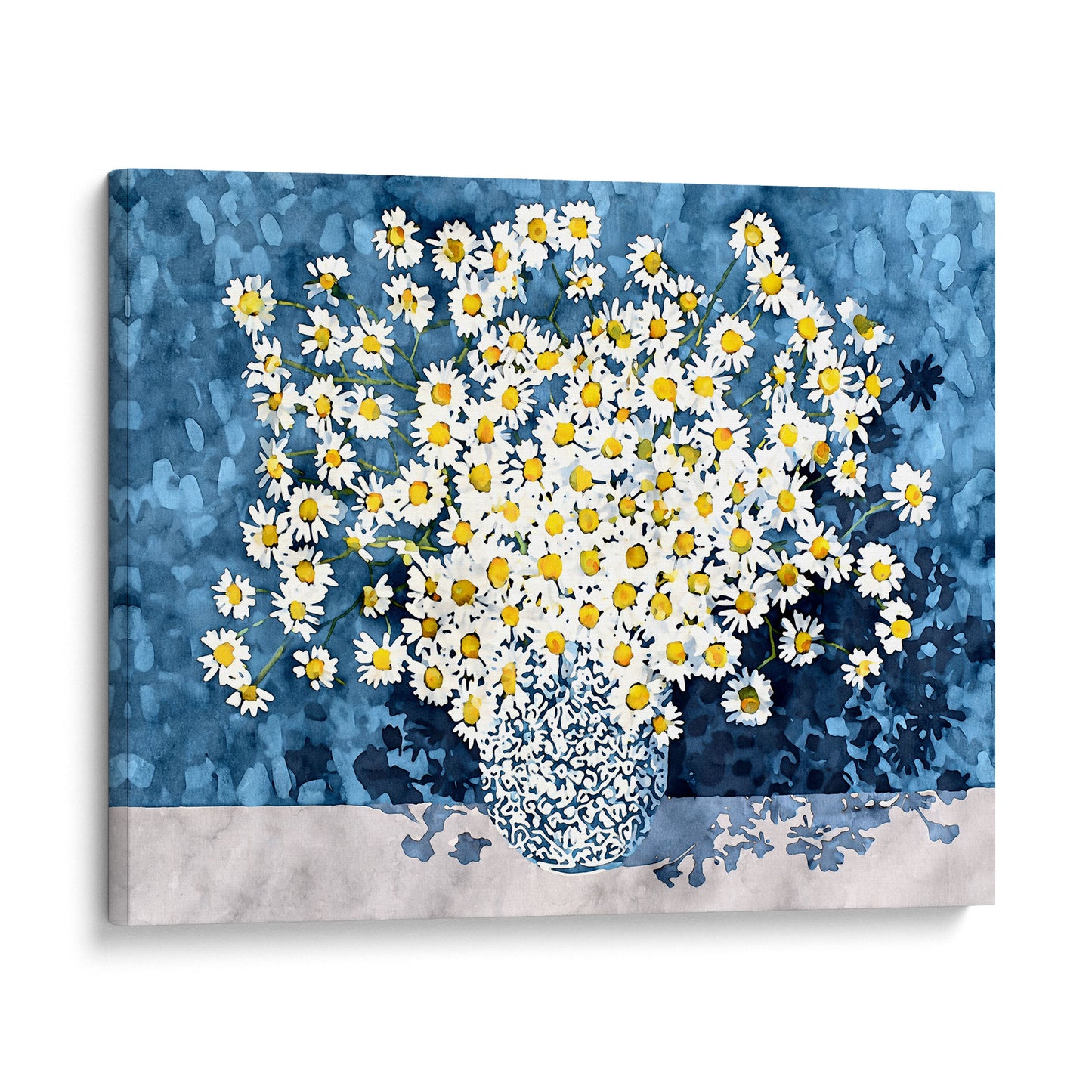 White Chamomile Daisies in Blue Vase Art Print