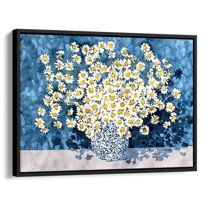 White Chamomile Daisies in Blue Vase Art Print
