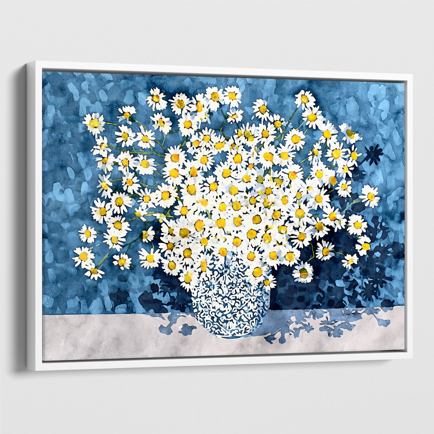 White Chamomile Daisies in Blue Vase Art Print