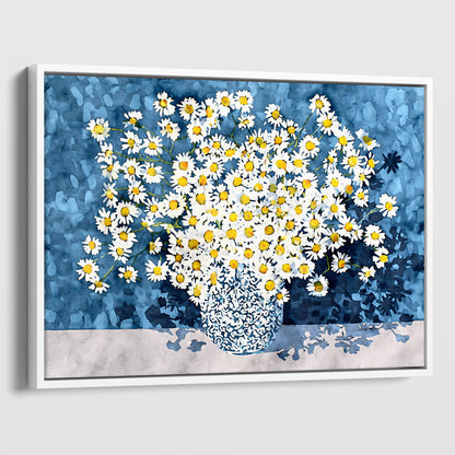 White Chamomile Daisies in Blue Vase Art Print