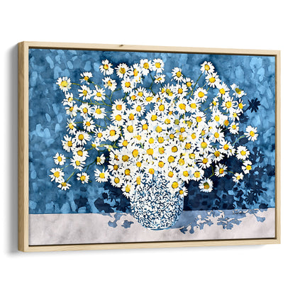 White Chamomile Daisies in Blue Vase Art Print