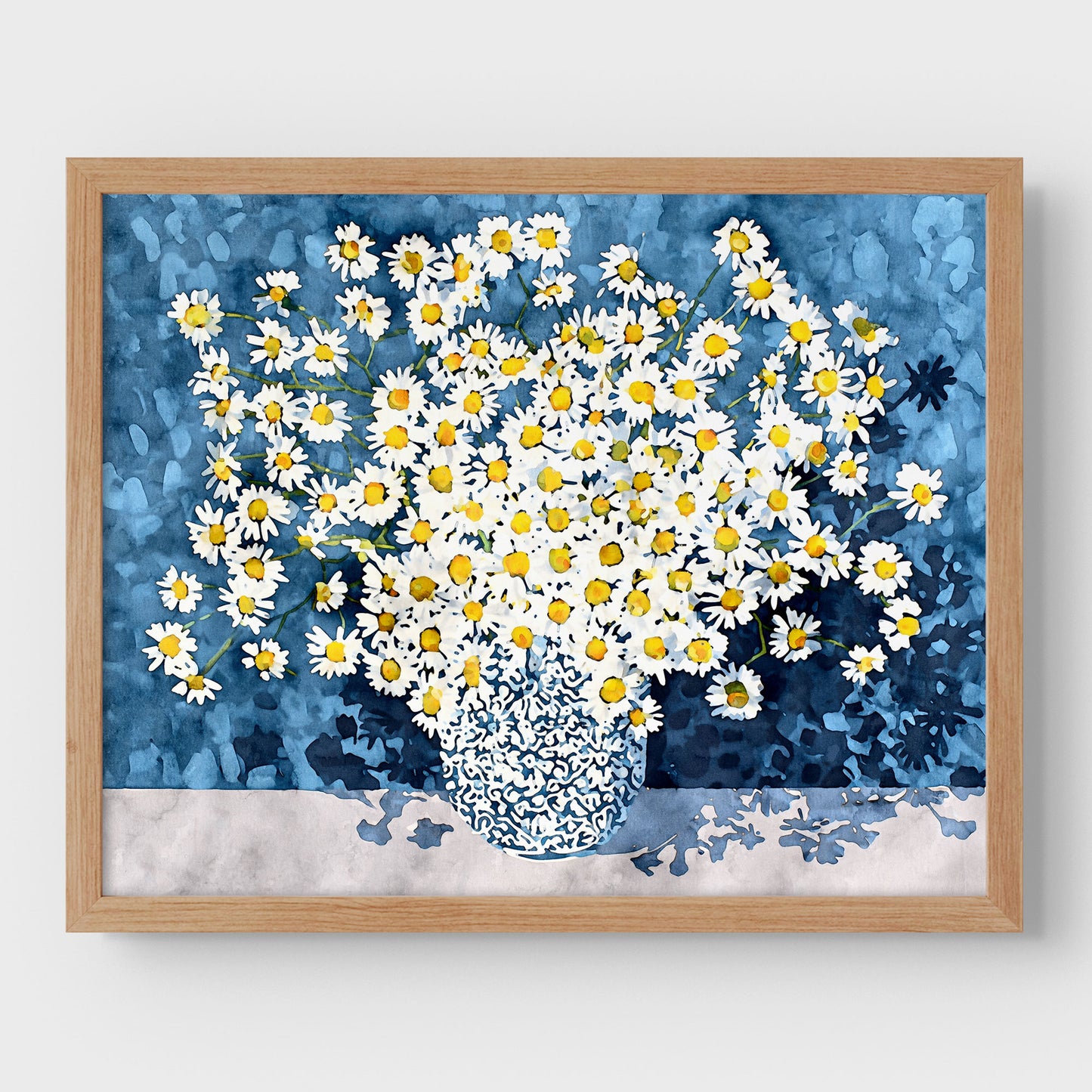 White Chamomile Daisies in Blue Vase Art Print