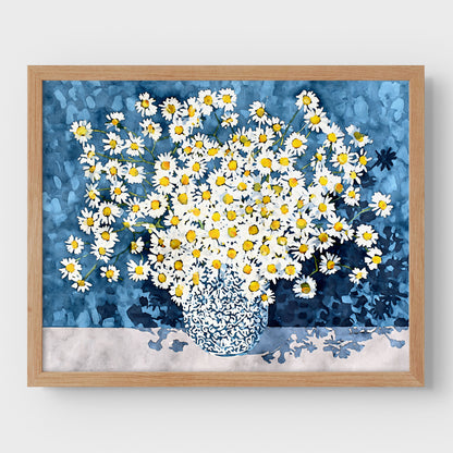 White Chamomile Daisies in Blue Vase Art Print