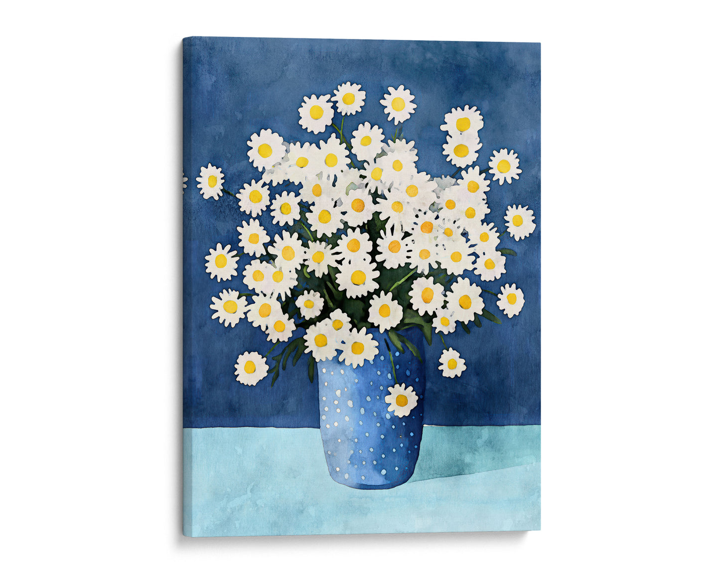 Canvas artwork depicting a bouquet of white chamomile flowers with yellow centers arranged in a dotted blue vase, set against a rich blue background with a light blue tabletop.