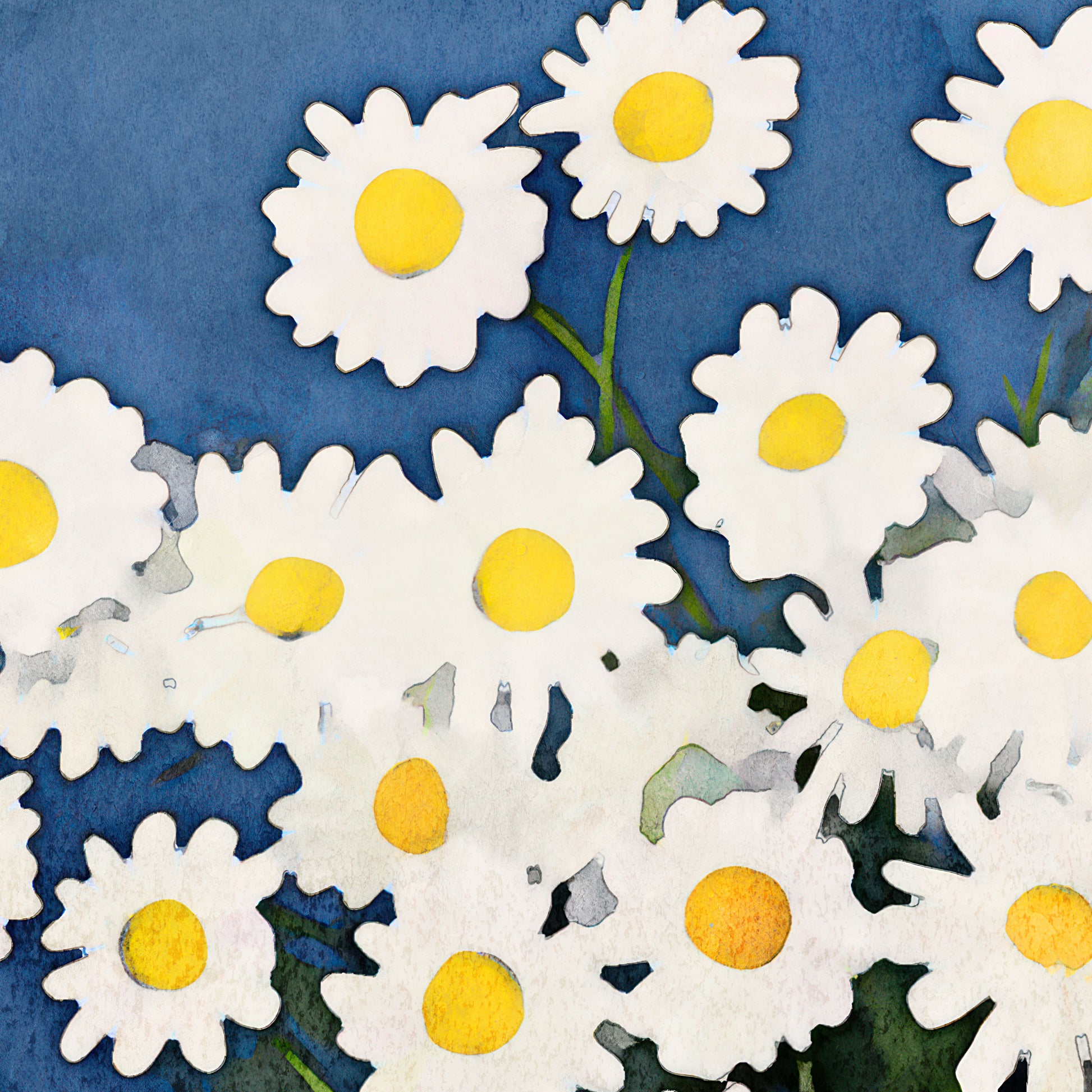 Watercolor-style artwork featuring a close-up of white chamomile flowers with vibrant yellow centers, set against a deep blue background with green stems and leaves.