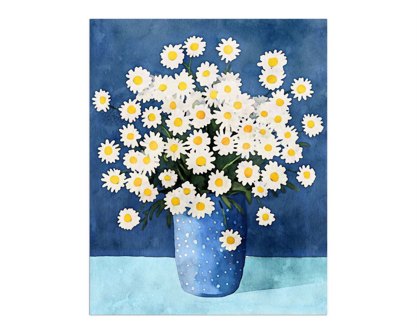 Unframed artwork of white chamomile flowers with yellow centers in a dotted blue vase, set against a rich blue background with a light blue tabletop.