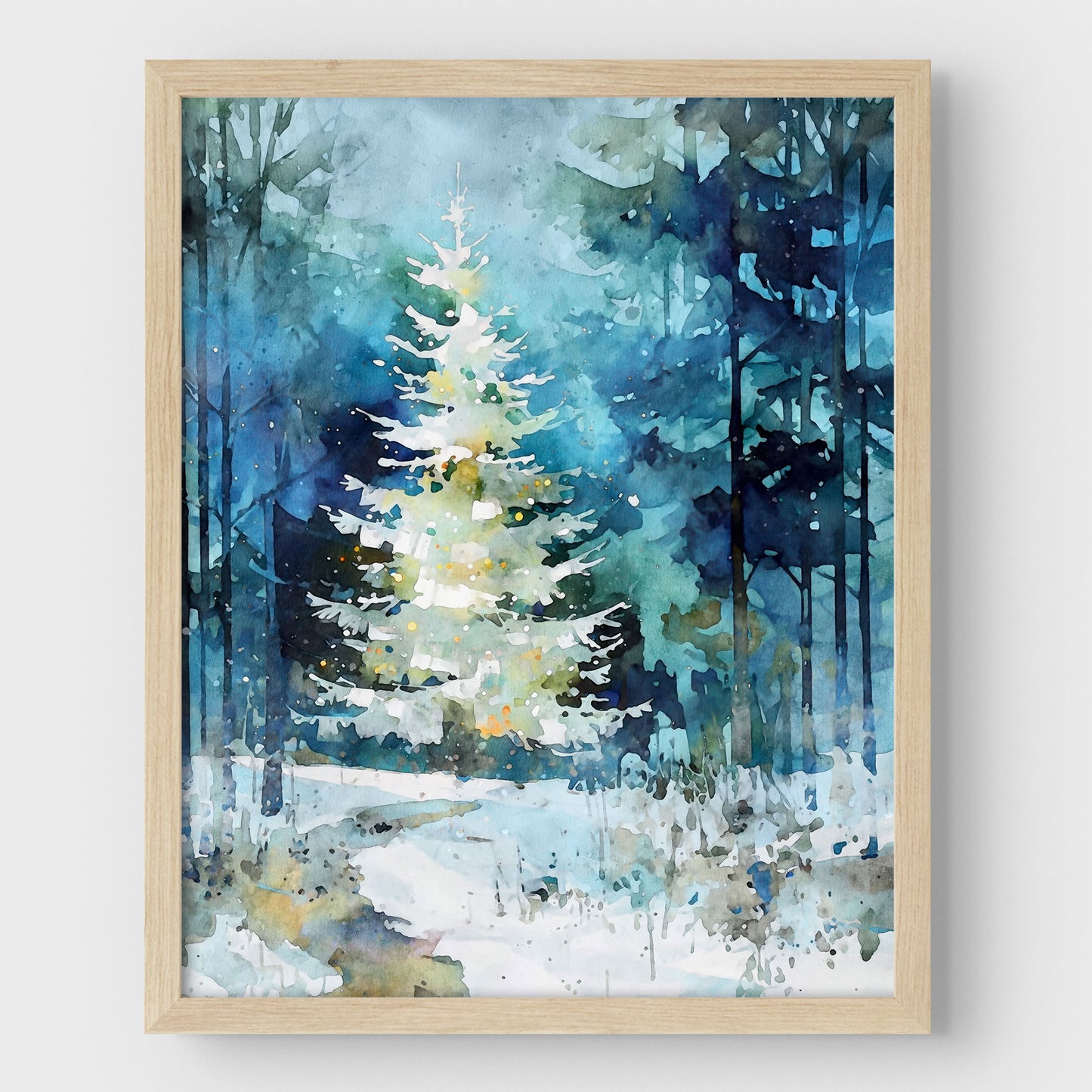 Winter Forest Glow Watercolor Christmas Tree Art Print