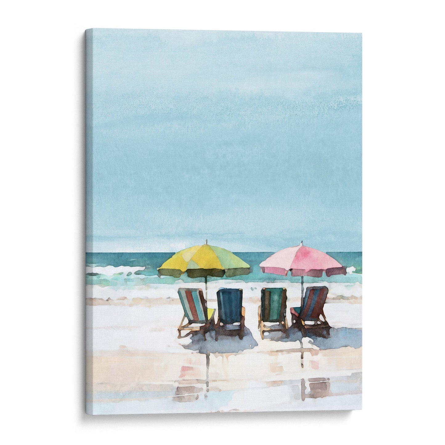 Watercolor painting depicting a serene beach scene with four empty lounge chairs under a yellow and a pink umbrella, set against a calm sea and blue sky. Artwork printed on gallery wrap canvas.