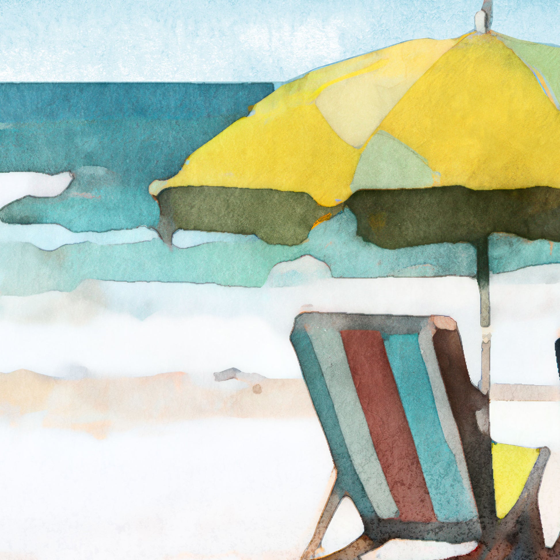 Detail of a watercolor painting depicting a serene beach scene with four empty lounge chairs under a yellow and a pink umbrella, set against a calm sea and blue sky.