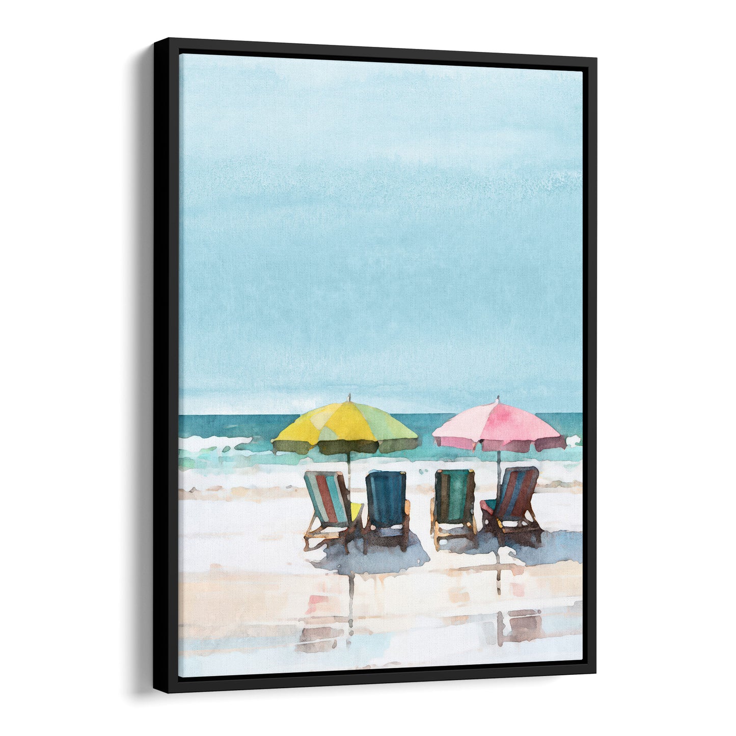 Watercolor painting depicting a serene beach scene with four empty lounge chairs under a yellow and a pink umbrella, set against a calm sea and blue sky. Artwork printed on gallery wrap canvas in black floater frame.