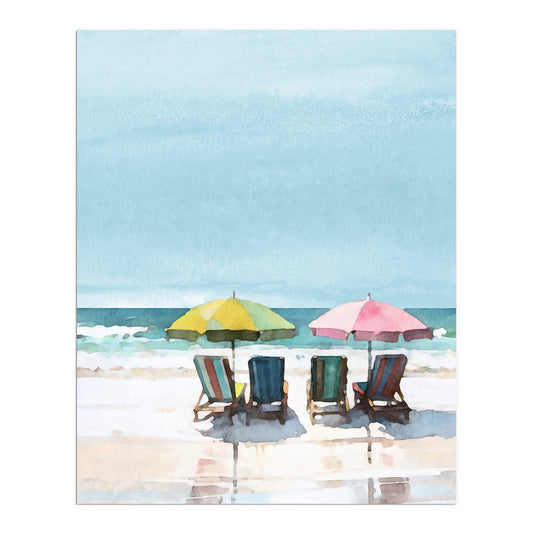 Watercolor painting depicting a serene beach scene with four empty lounge chairs under a yellow and a pink umbrella, set against a calm sea and blue sky.