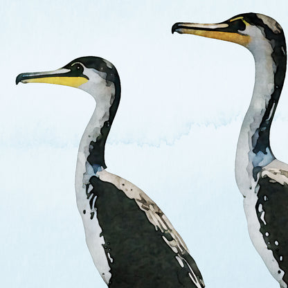 Close-up of a greeting card, featuring a digital painting of three cormorants standing on a weathered white dock overlooking calm blue ocean water under a pale sky.