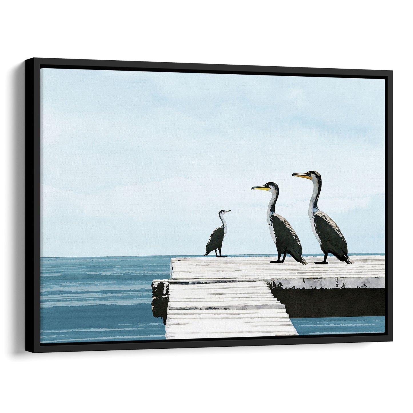 Black framed canvas print featuring a minimalist seascape with three cormorants perched on a white dock above calm blue ocean water, under a pale sky.